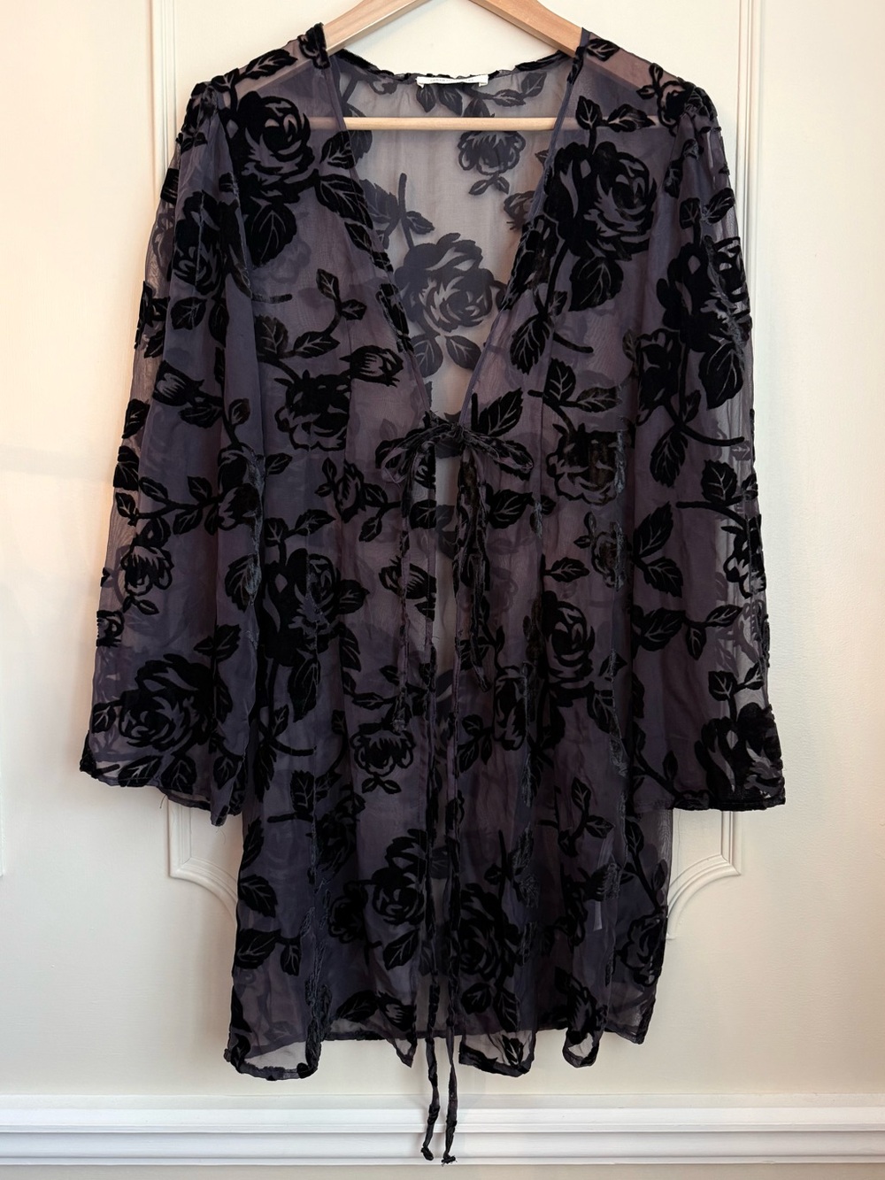 Urban Outfitters Black Floral Sheer Tie-Front Robe